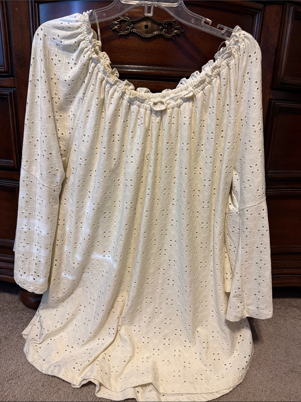 On or Off-Shoulder Eyelet Peasant Top in Cream